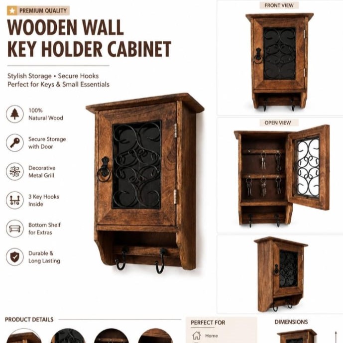 Wooden Wall Mounted Key Holder Cabinet with Hooks